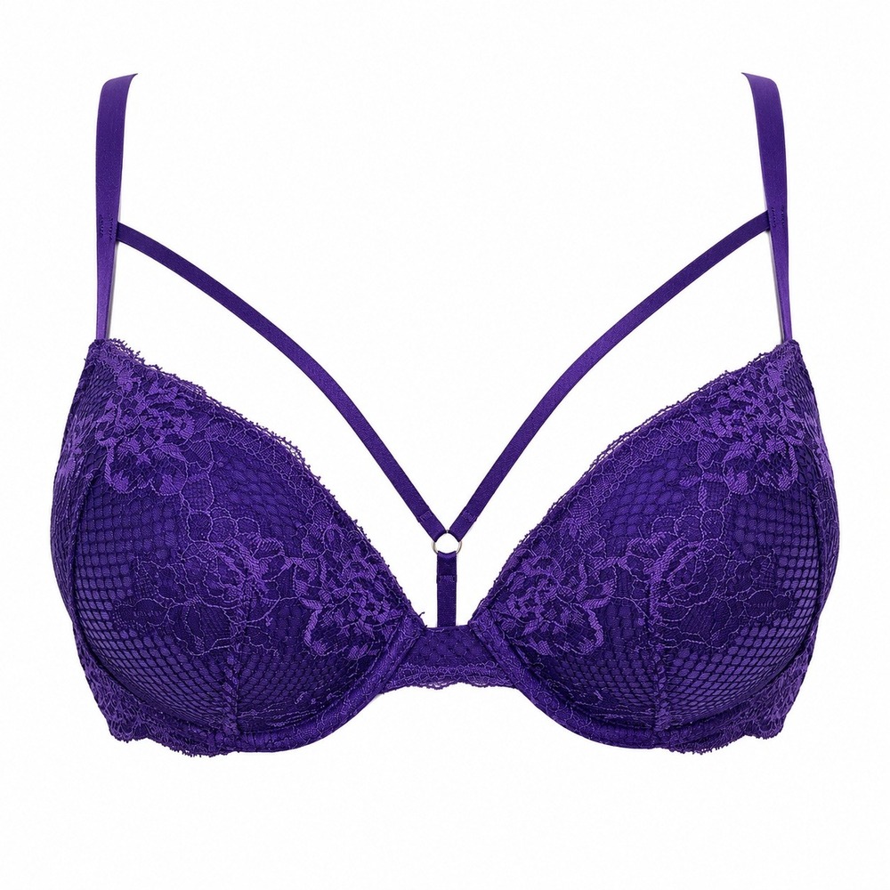 VS‎ Bombshell Purple Lace Strappy Plunge Bra 36D Underwire Padded +2 Cups